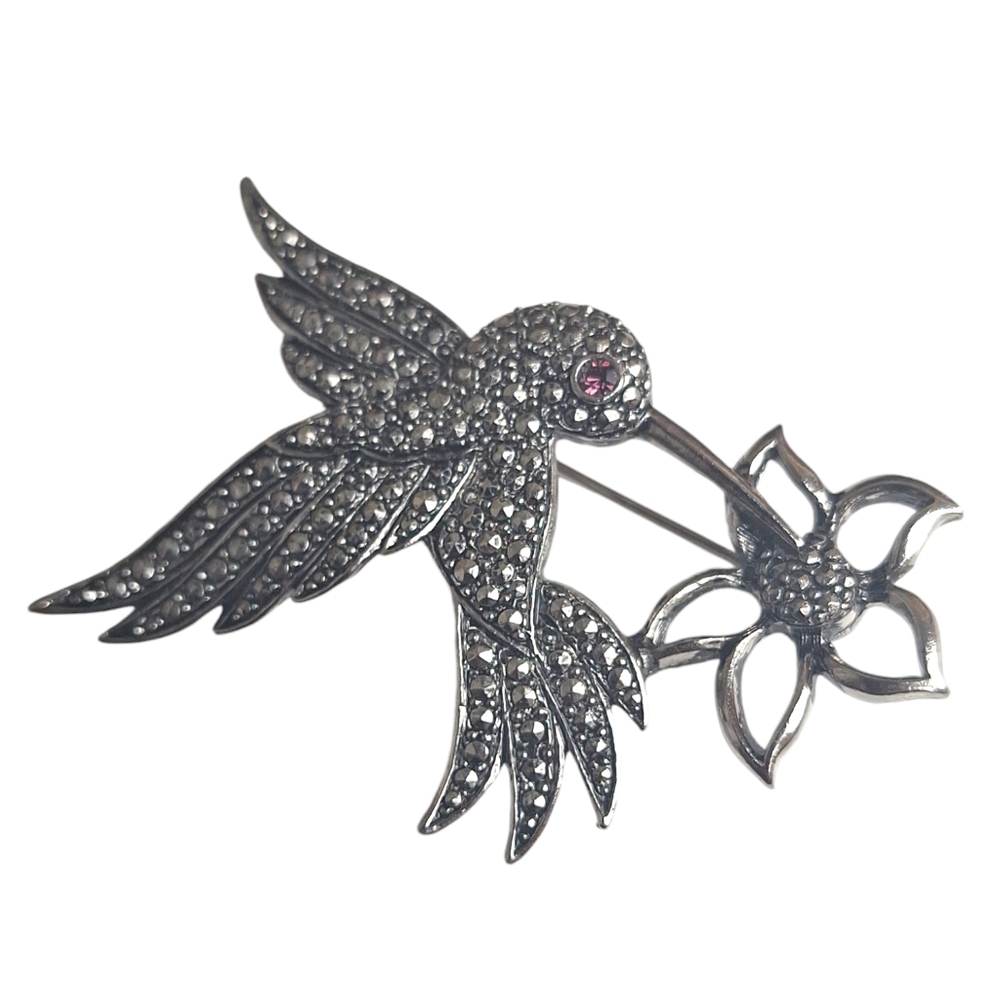 Vtg Avon SilverTone Purple Rhinestone Marcasite Hummingbird & Flower Brooch Pin